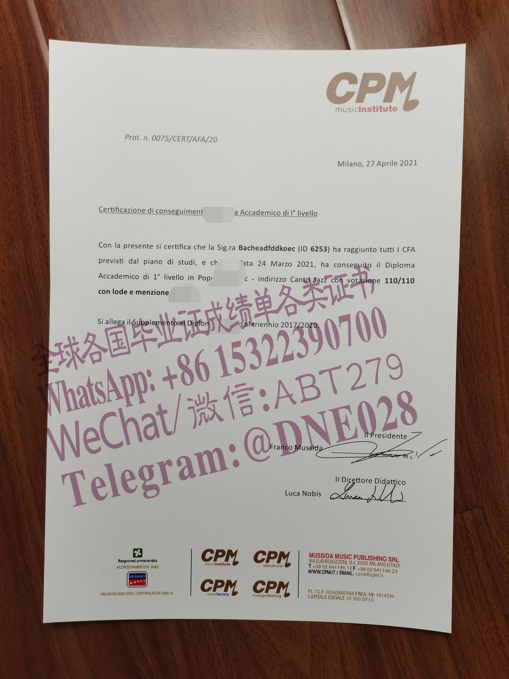 购买假意大利CPM音乐学院文凭多少钱